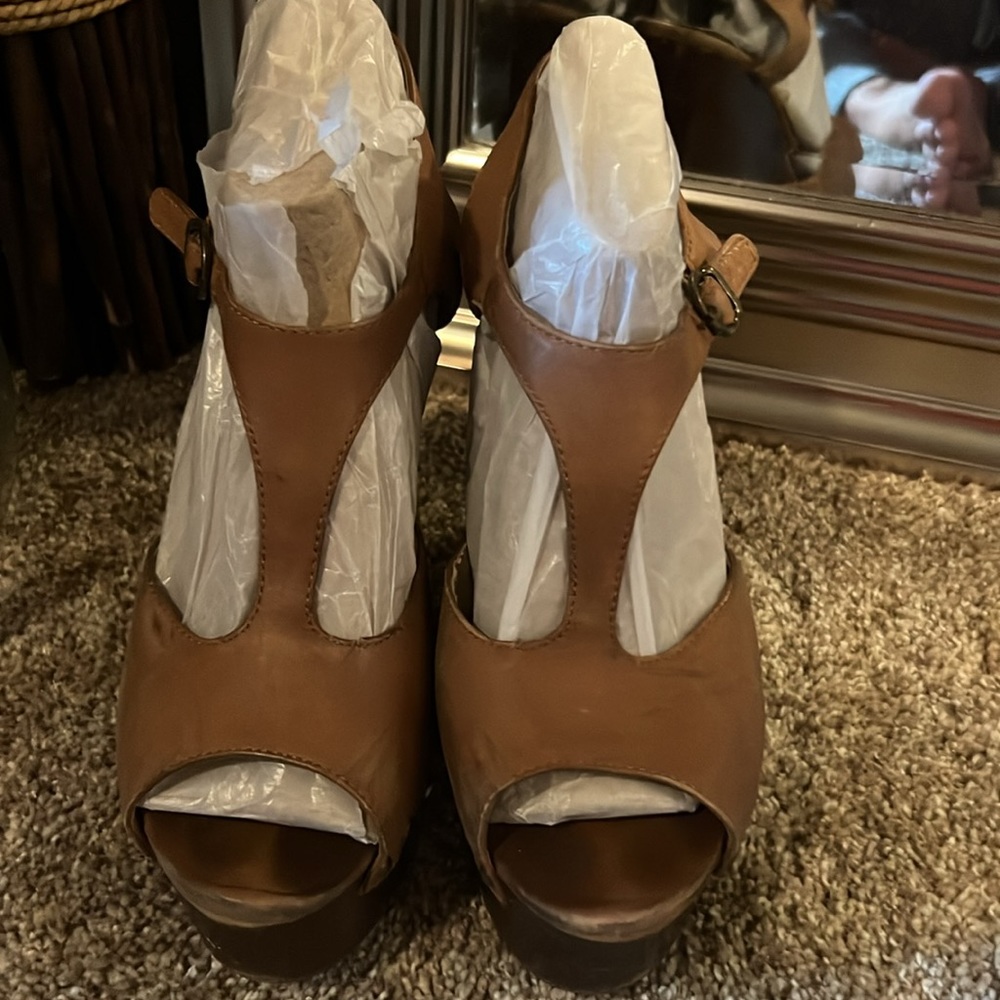 Steve Madden brown wooden platform wedge sandals leather upper style Wachme 8.5 - Picture 3 of 14